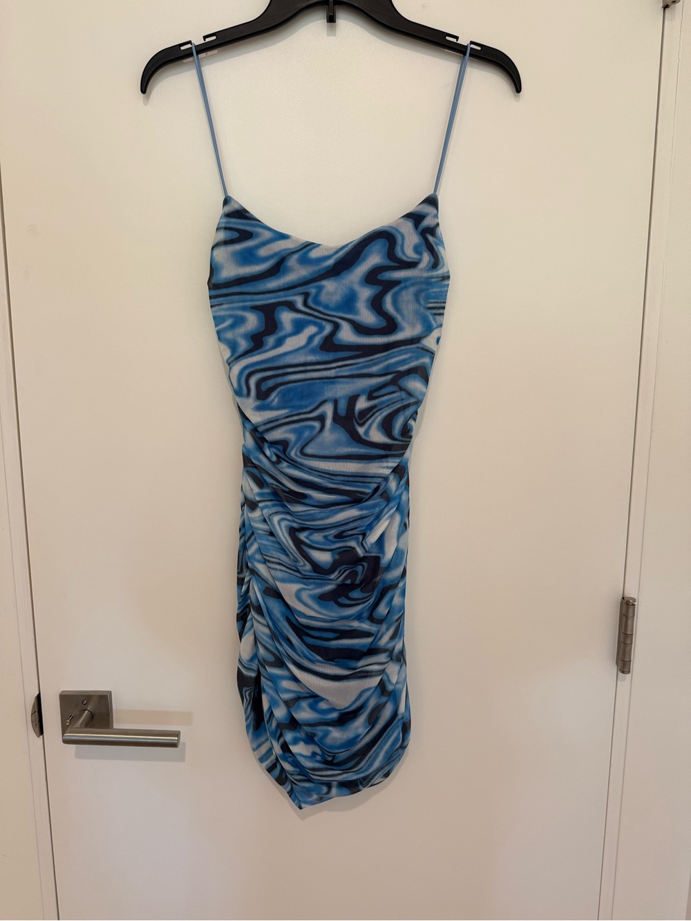 Blue Marble-Print Mini Slip Dress with Spaghetti Straps